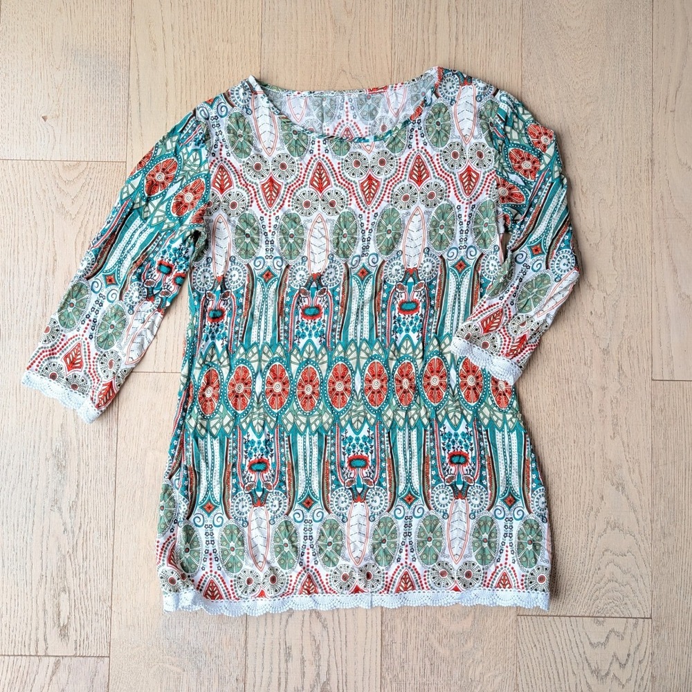 Boho Tunic Top Medium Paisley Print‎ 3/4 Sleeve Lace Trim Colorful